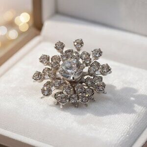 Vintage Silver Tone Rhinestone Cluster Brooch Starburst Dome Pin 27 mm